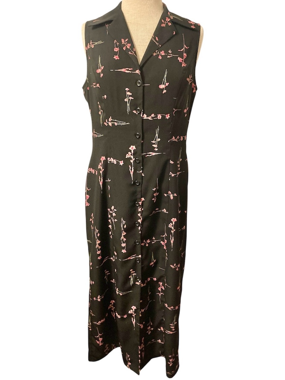 Vintage 90’s Y2K Black Pink Flower Floral Button Up Maxi Sheath Dress Sleeveless